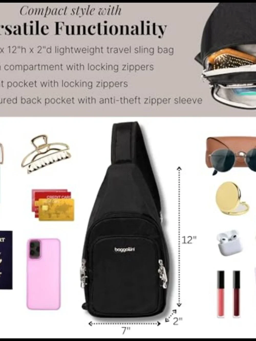Anti-Theft Sling Crossbody Travel Bag Locking Zippers RFID Cut-Resistant